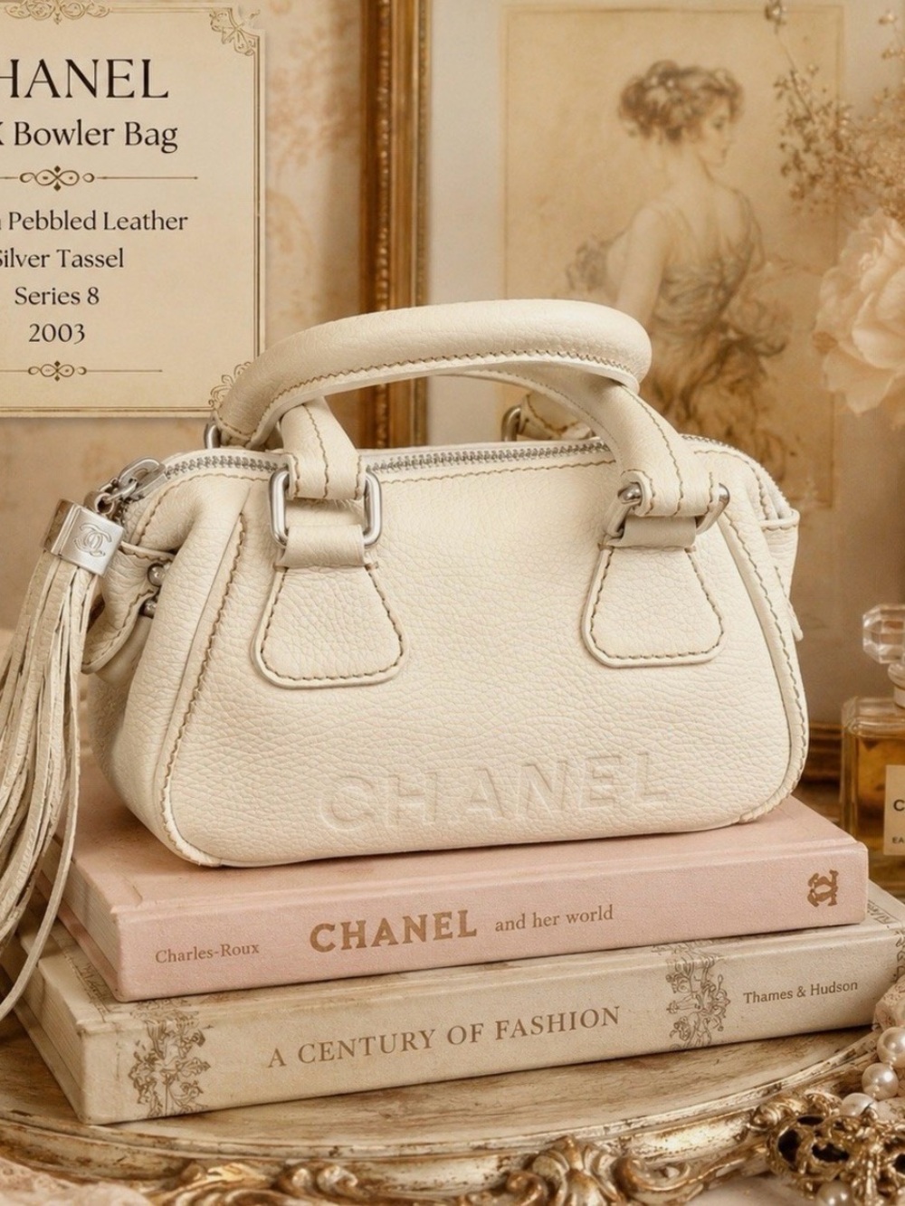 CHANEL Cream Pebbled Leather Bowler with Tassel